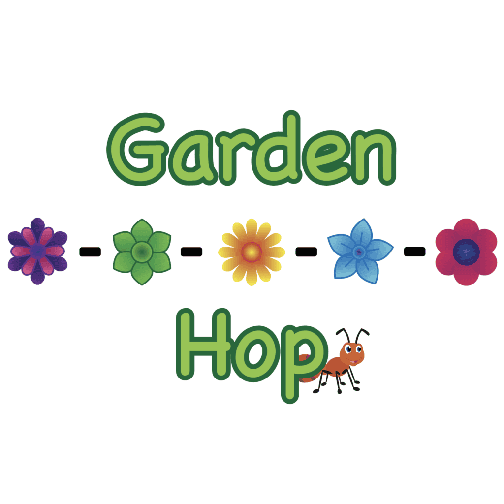 Colorful flowers and an ant with 'Garden Hop' text for sensory paths.